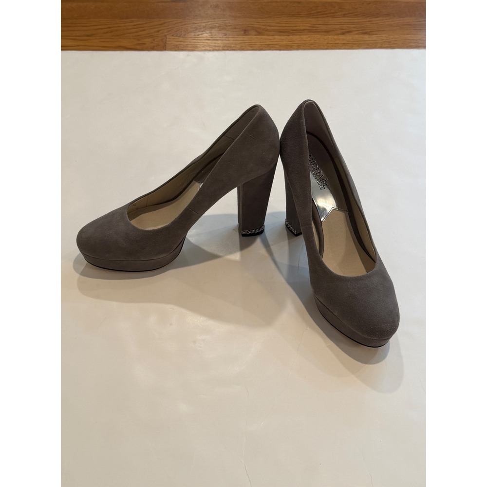 Michael Kors Grey Suede Platform Block Heel Pumps Chain Detail Size 9.5M